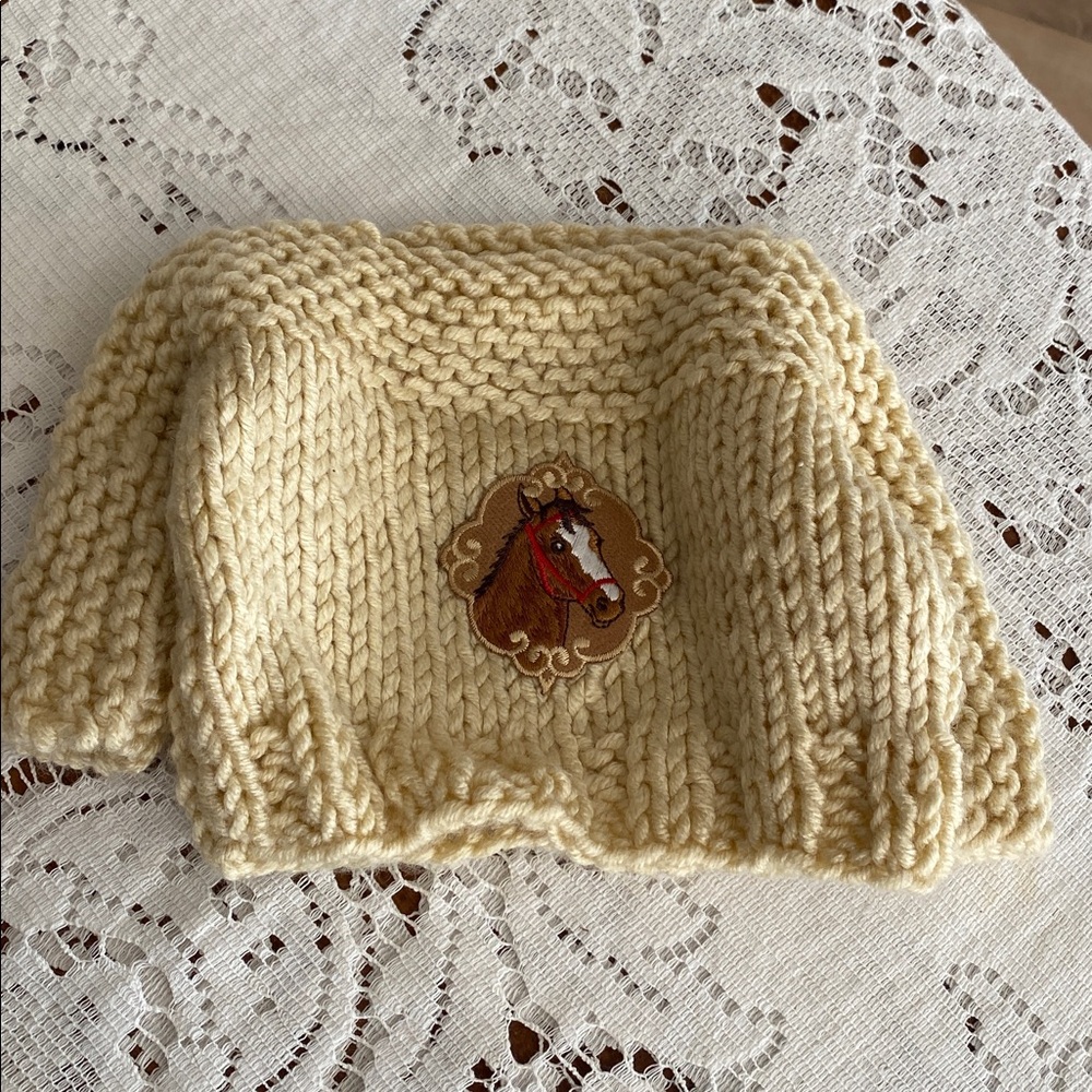 Adorable Cream Knit Sweater with Horse Patch